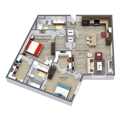 Floor plan for 2 beds, 2 baths, 1101 sqft